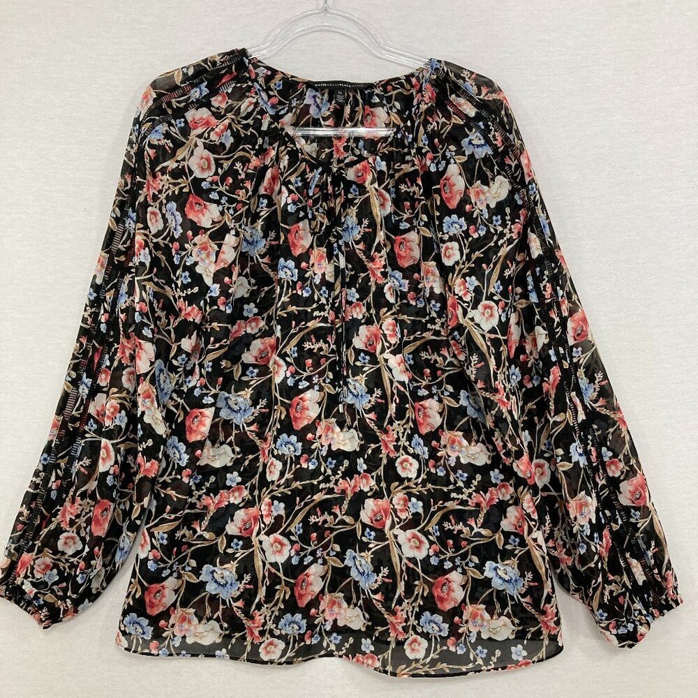 White House Black Market size 14 Black Red Floral Tie Front Feminine Blouse